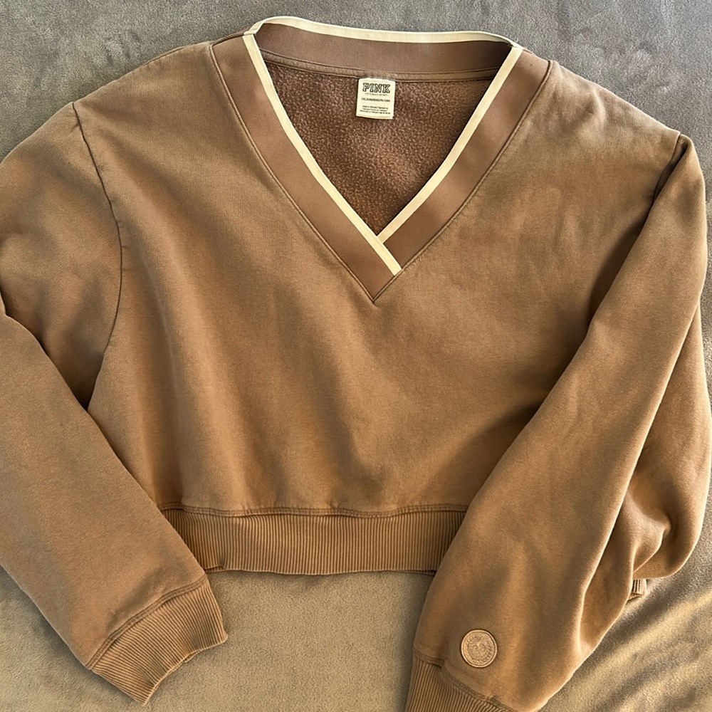 Pink v neckline cropped sweatshirt in mauve brown fleece long sleeves Sz xxl - Picture 1 of 8